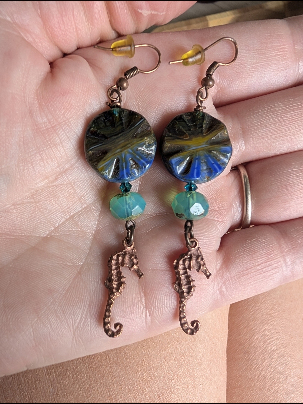 Seahorse Drop Earrings with Blue-Green Beads